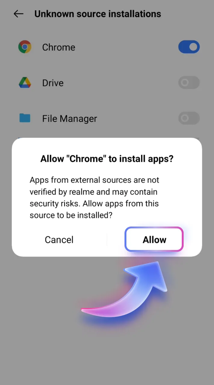 Adjust your device settings to install the 1win app.