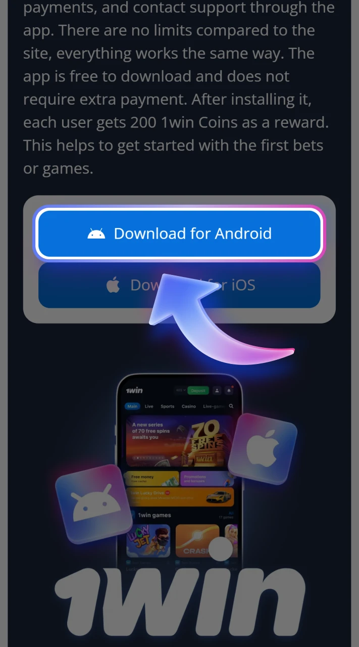 Find and click the button to download the 1win Android app.