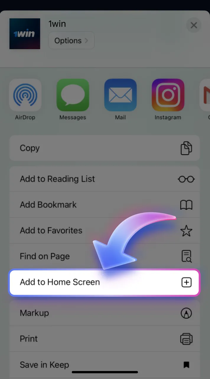 Create a home screen shortcut for the 1win website.