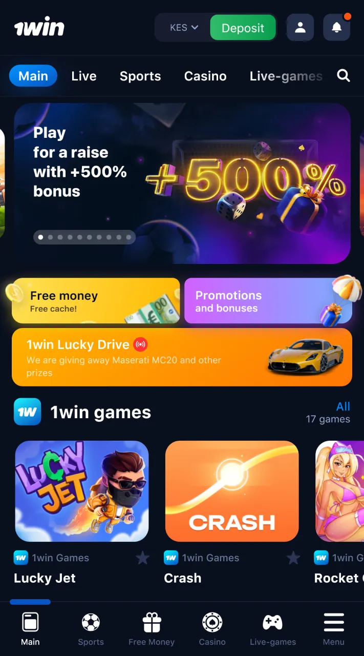 The home screen of the 1win app is user-friendly and simple to navigate.