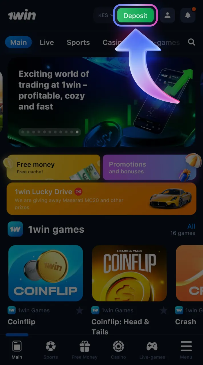 Add funds to your 1win account to receive a deposit bonus.