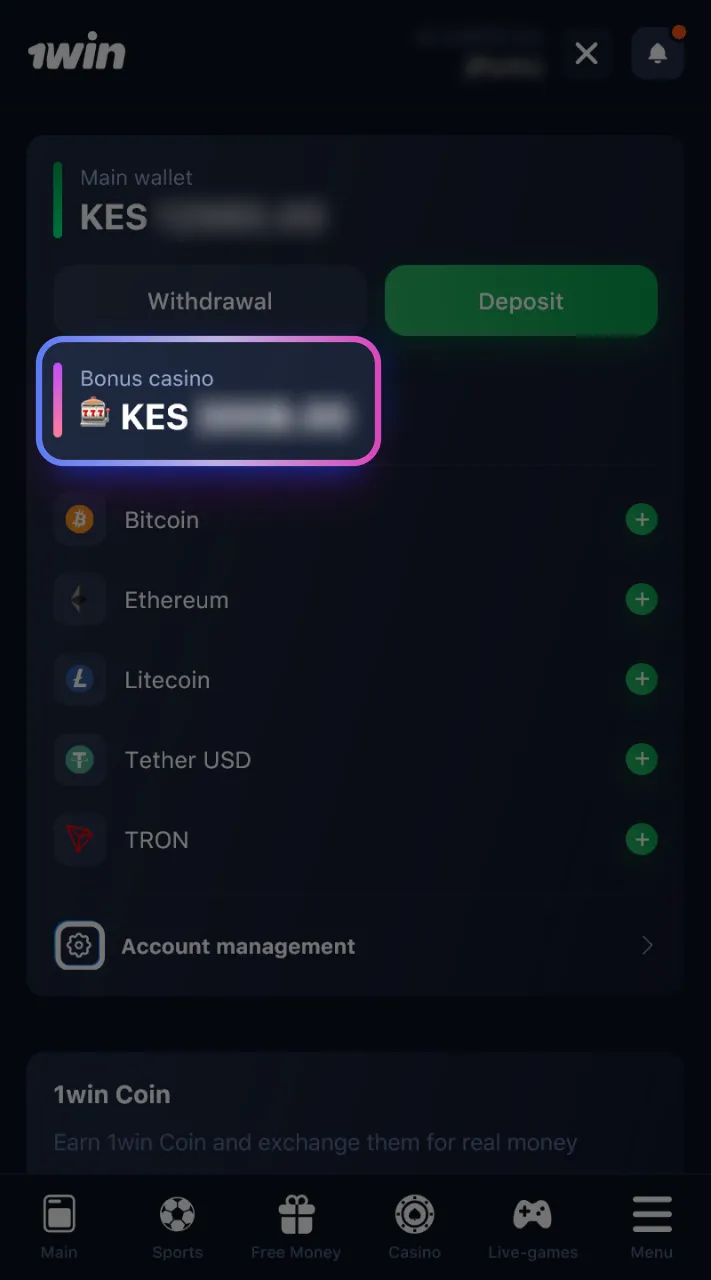 Check your bonus status in your 1win profile.