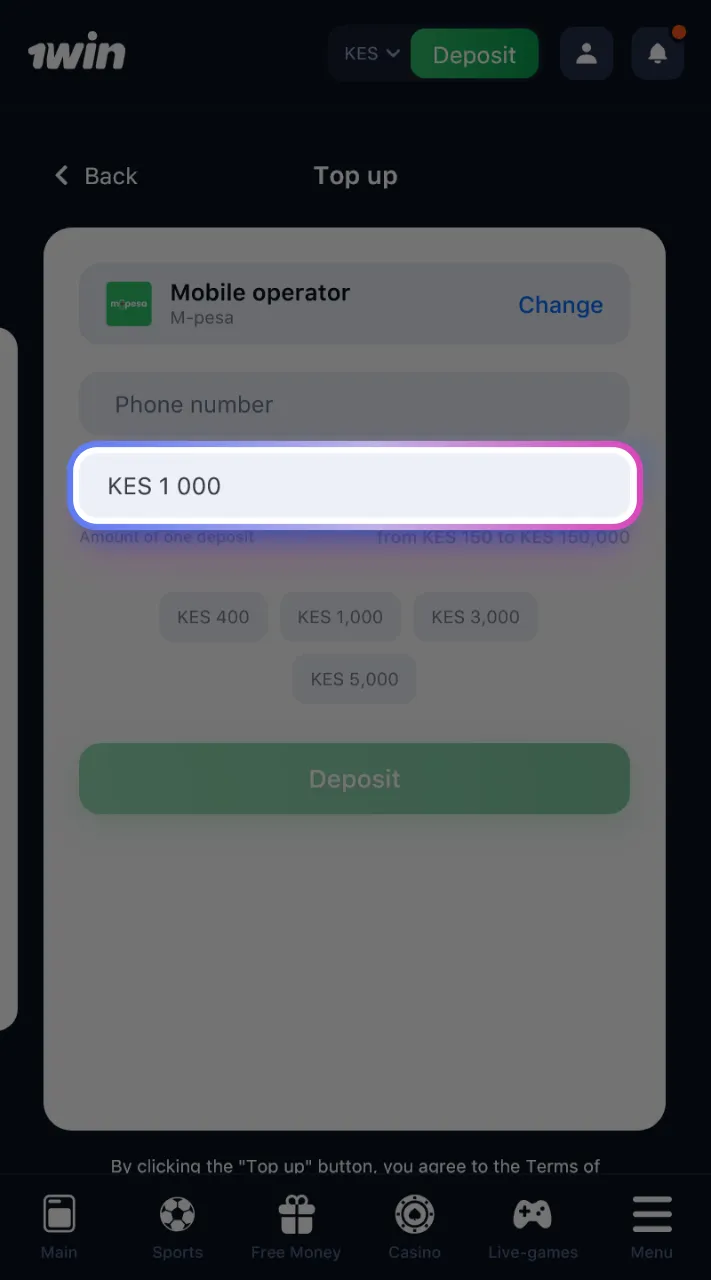 Specify the amount you'd like to deposit into your 1win account.