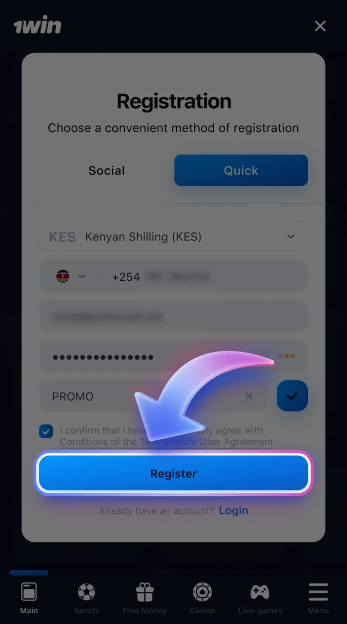 Finalize your 1win account registration and get your promo code bonus.