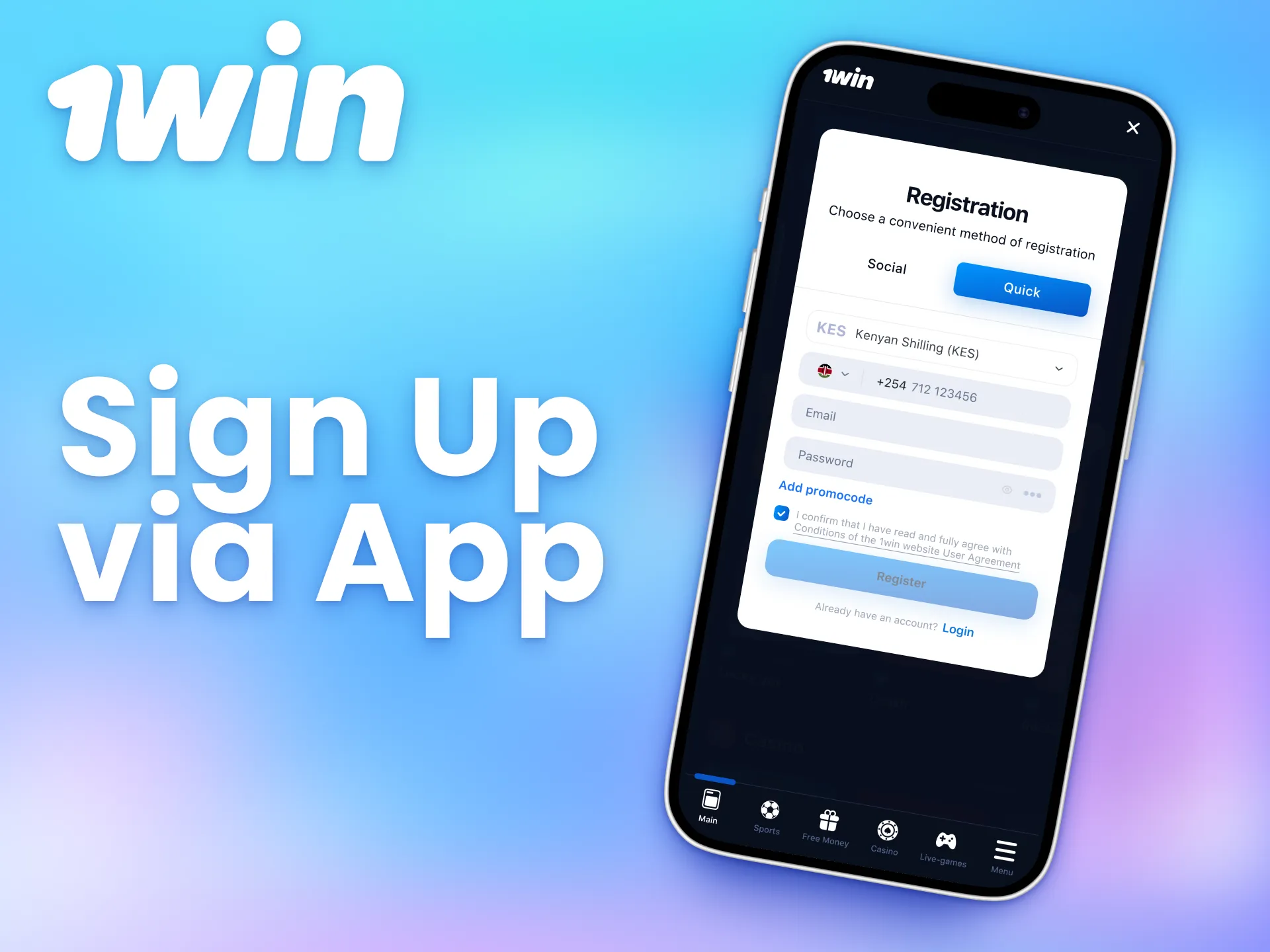 Set up your account using the 1win mobile app.