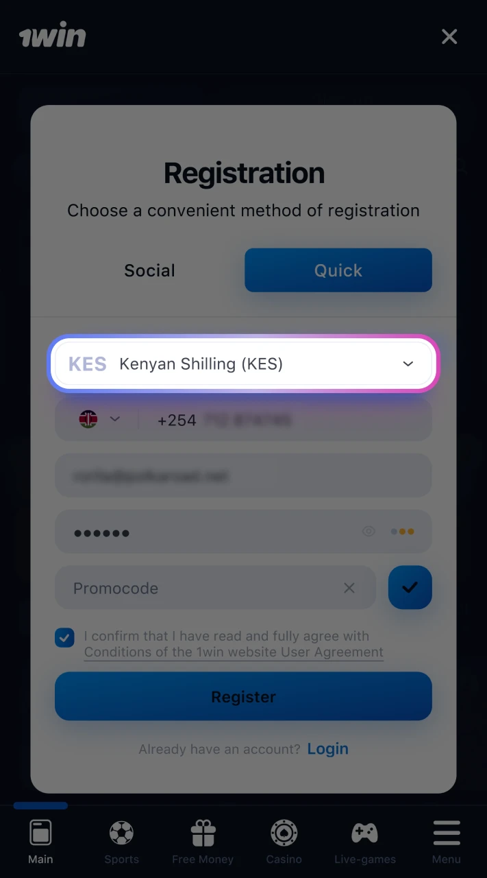 Pick Kenyan Shillings as the currency for your 1win account.