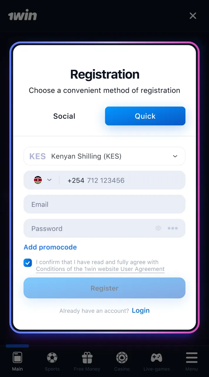 Enter the necessary information to register your 1win account.