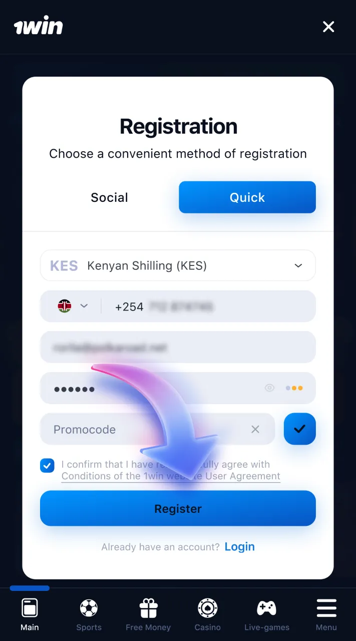 Finalize your registration to activate your 1win account.