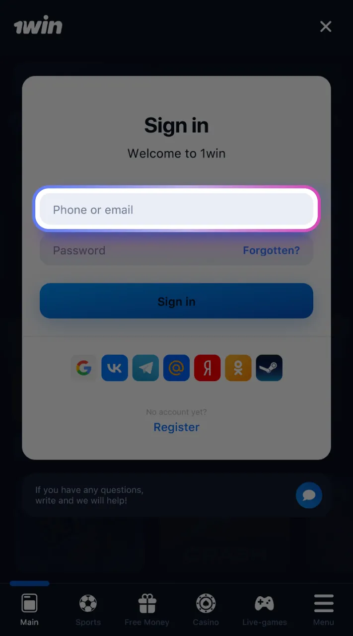 Opt for your preferred login method on 1win.