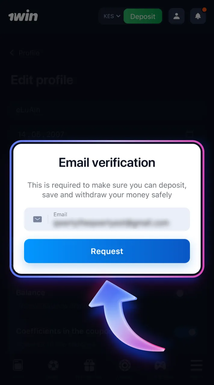Check and verify the email linked to your 1win profile.