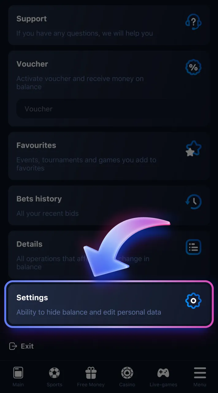 Go to your 1win account settings.