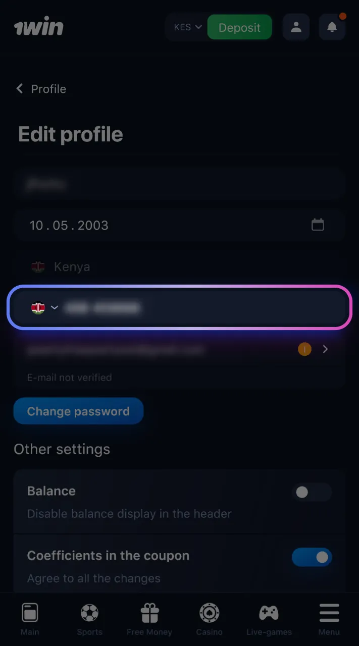 Confirm your registered phone number on 1win.
