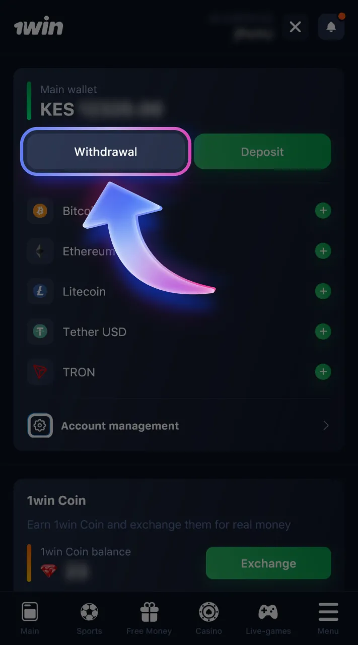 Access the 1win withdrawal section.