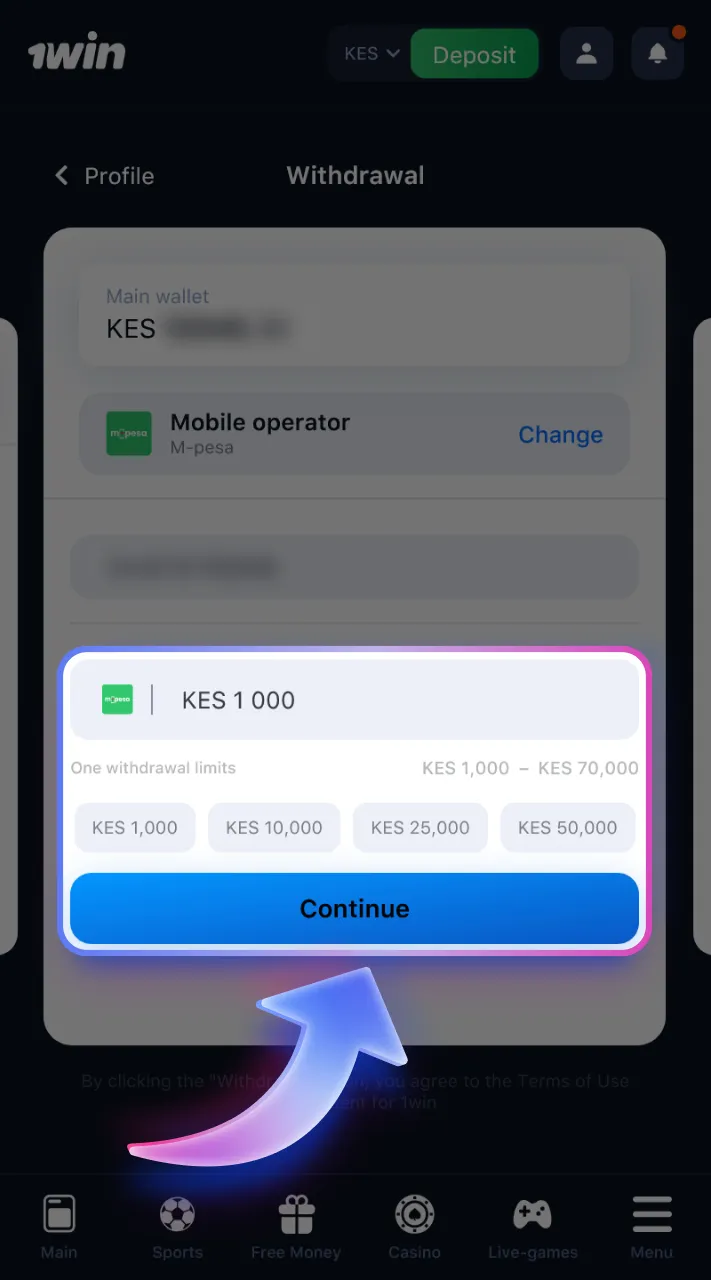 Specify the withdrawal amount and confirm the transaction.