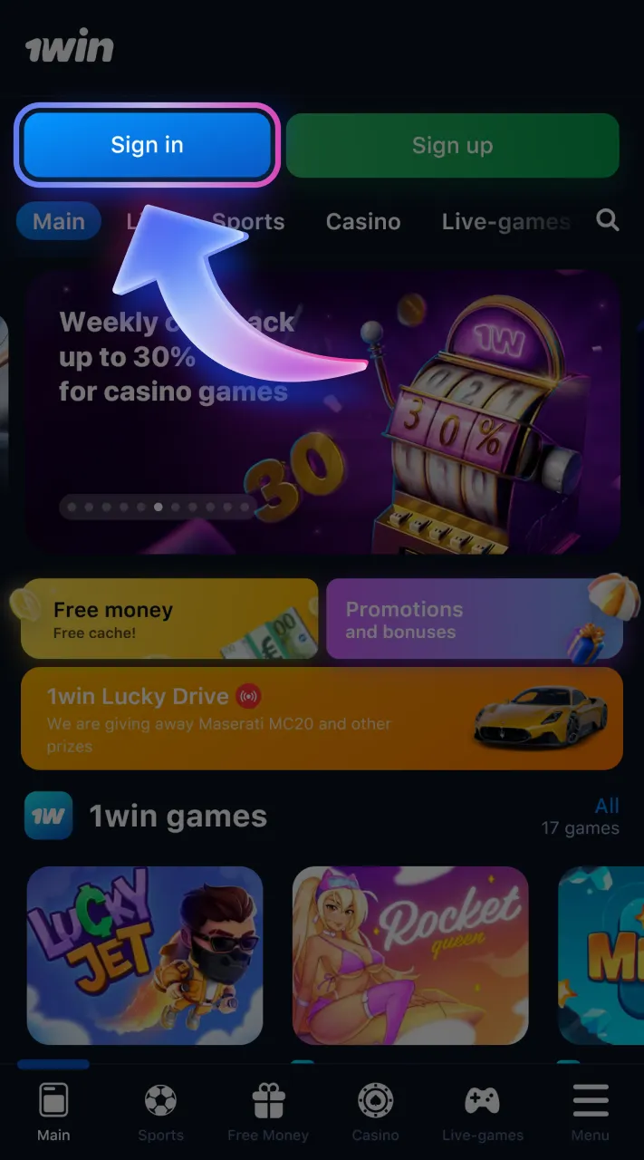 Sign in to your 1win profile to withdraw your winnings.