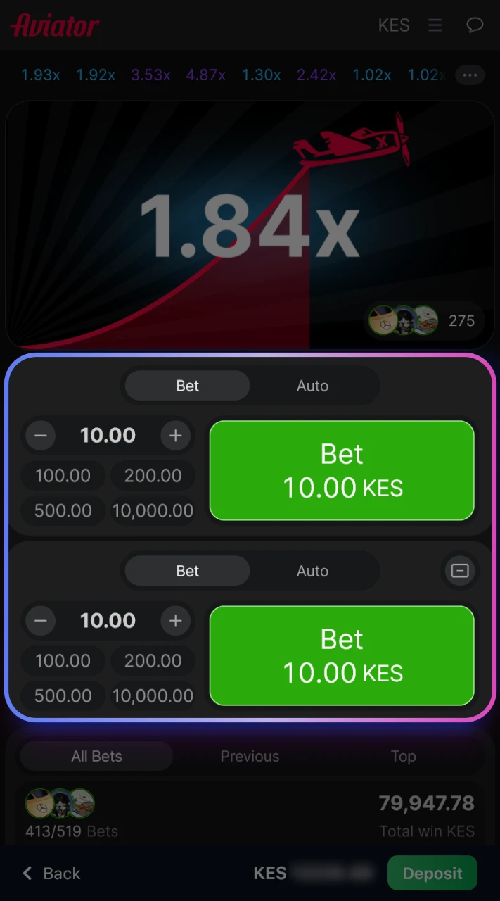 Set the amount you want to bet on Aviator at 1win.