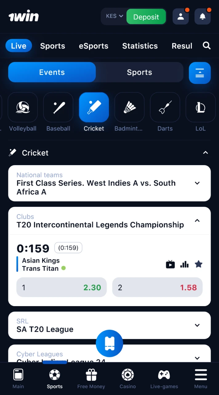Pick a cricket game to bet on from the available options.