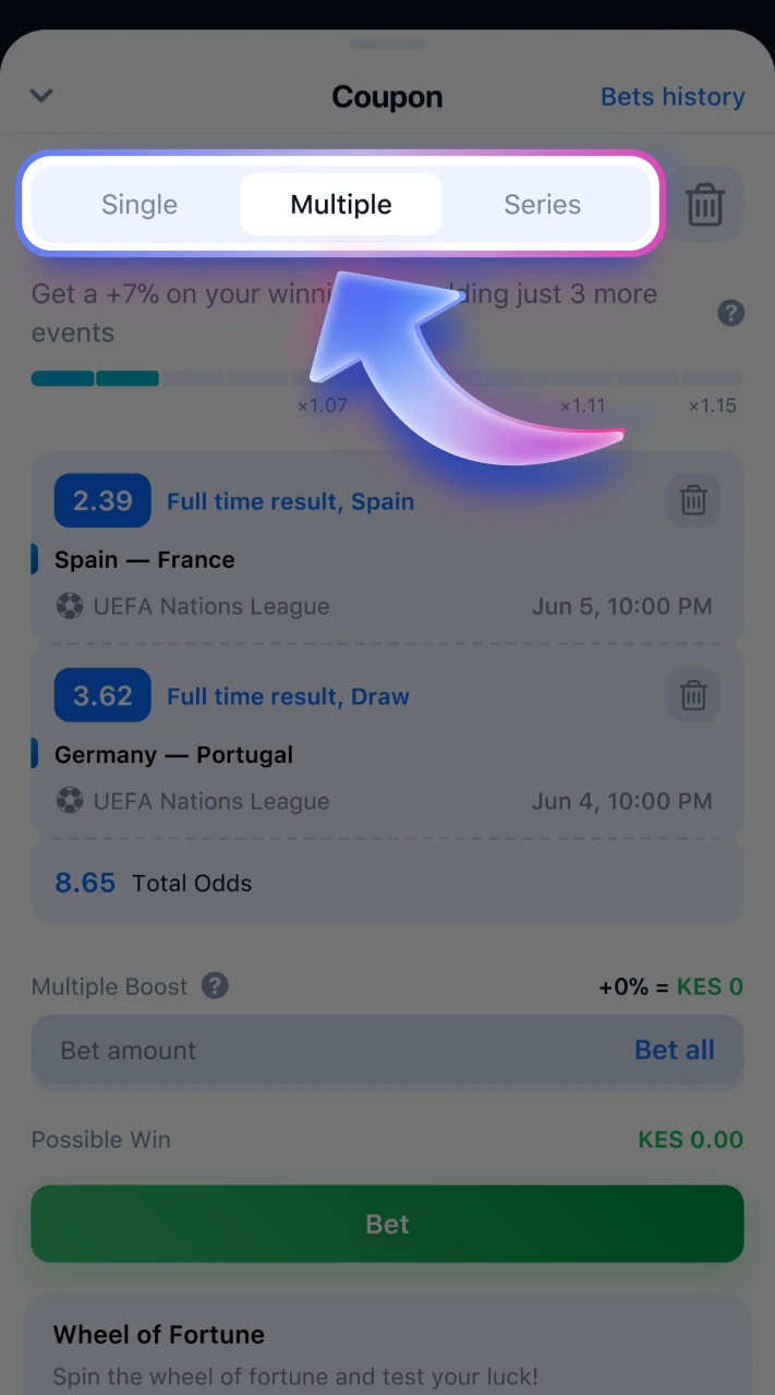 Choose from the football bet types offered by 1win.