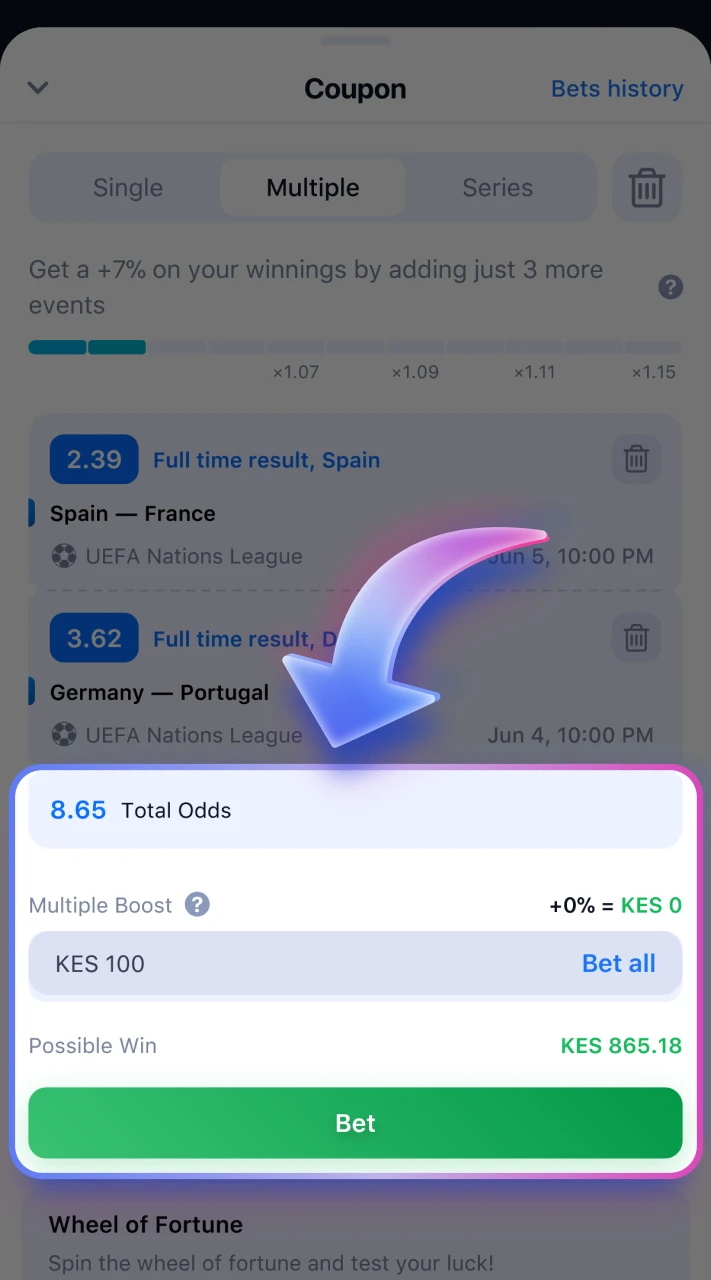 Check and confirm your first football bet at 1win.
