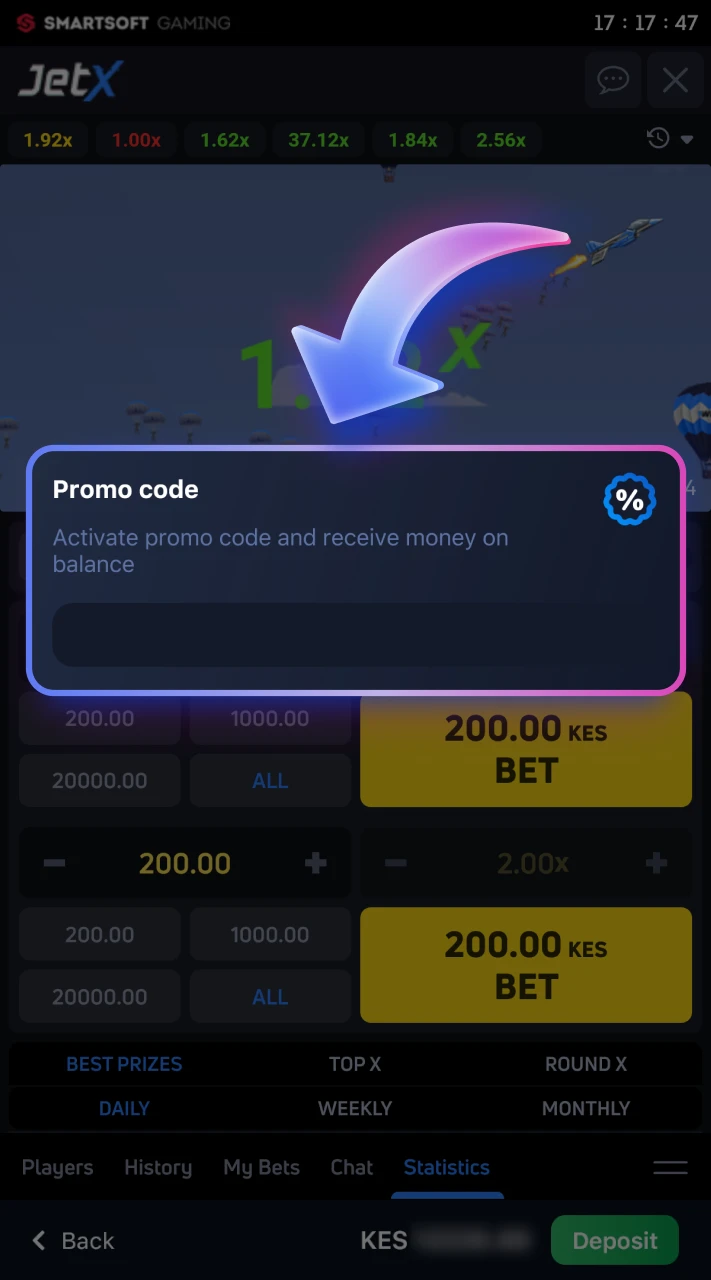 Use promo code when playing JetX at 1win.