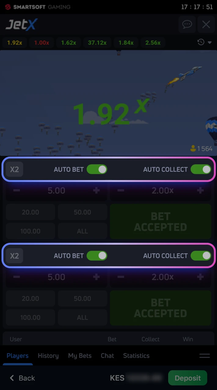 Turn on auto bet and auto withdrawal to streamline your JetX sessions at 1win.