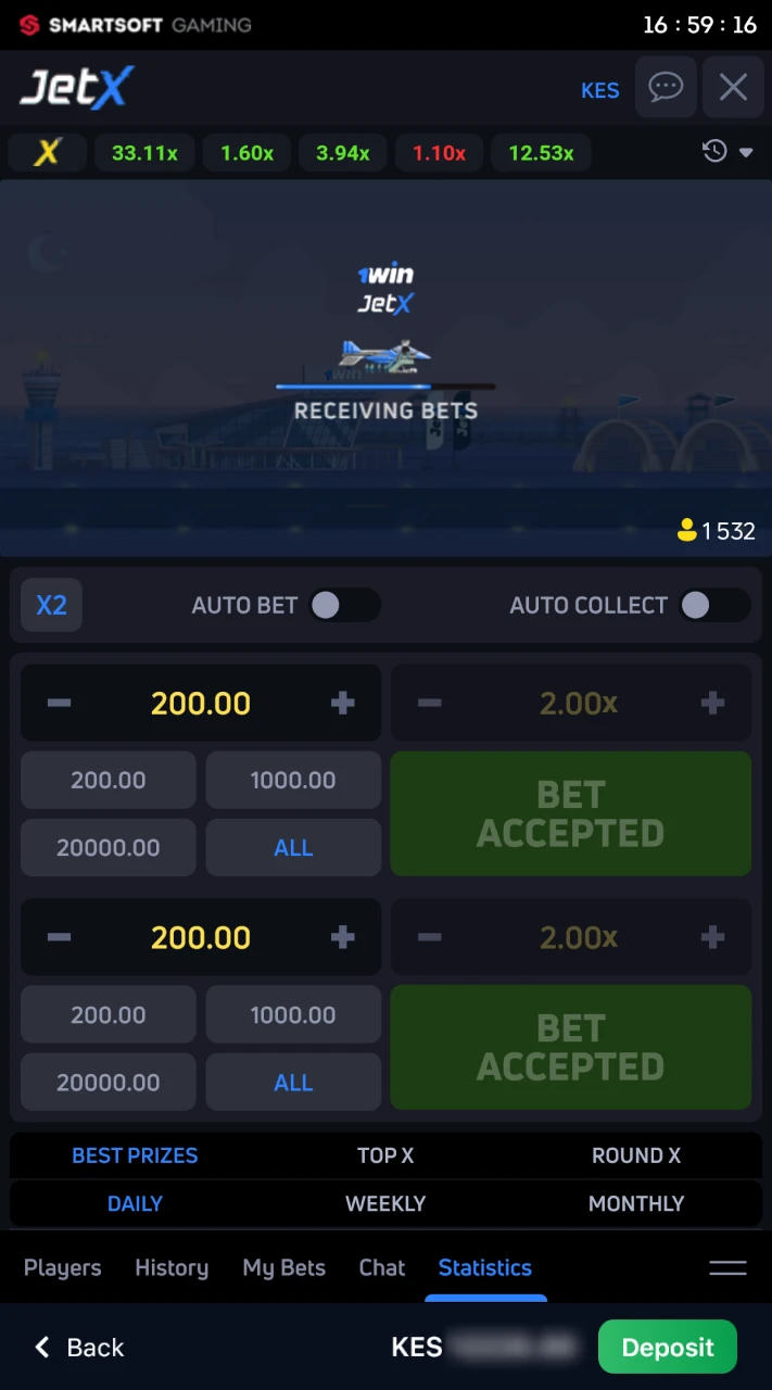 Place your bets on the JetX crash game at 1win.