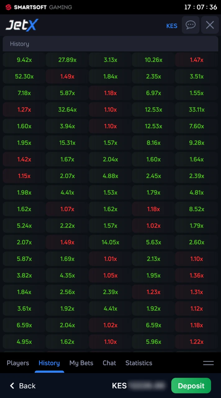 You can view the history of previous rounds in the JetX game at 1win.