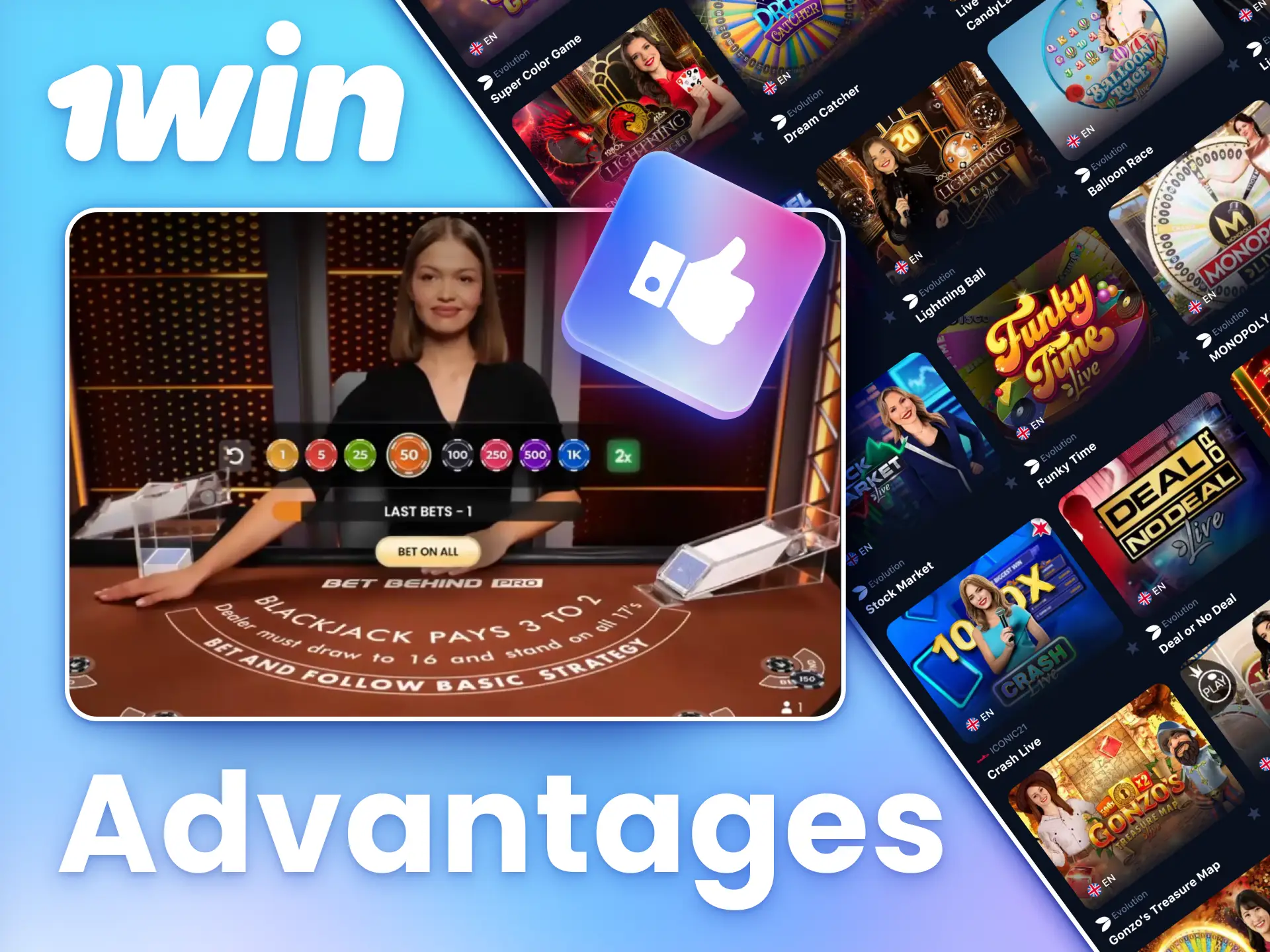 Achieve big wins playing live games at 1win casino.