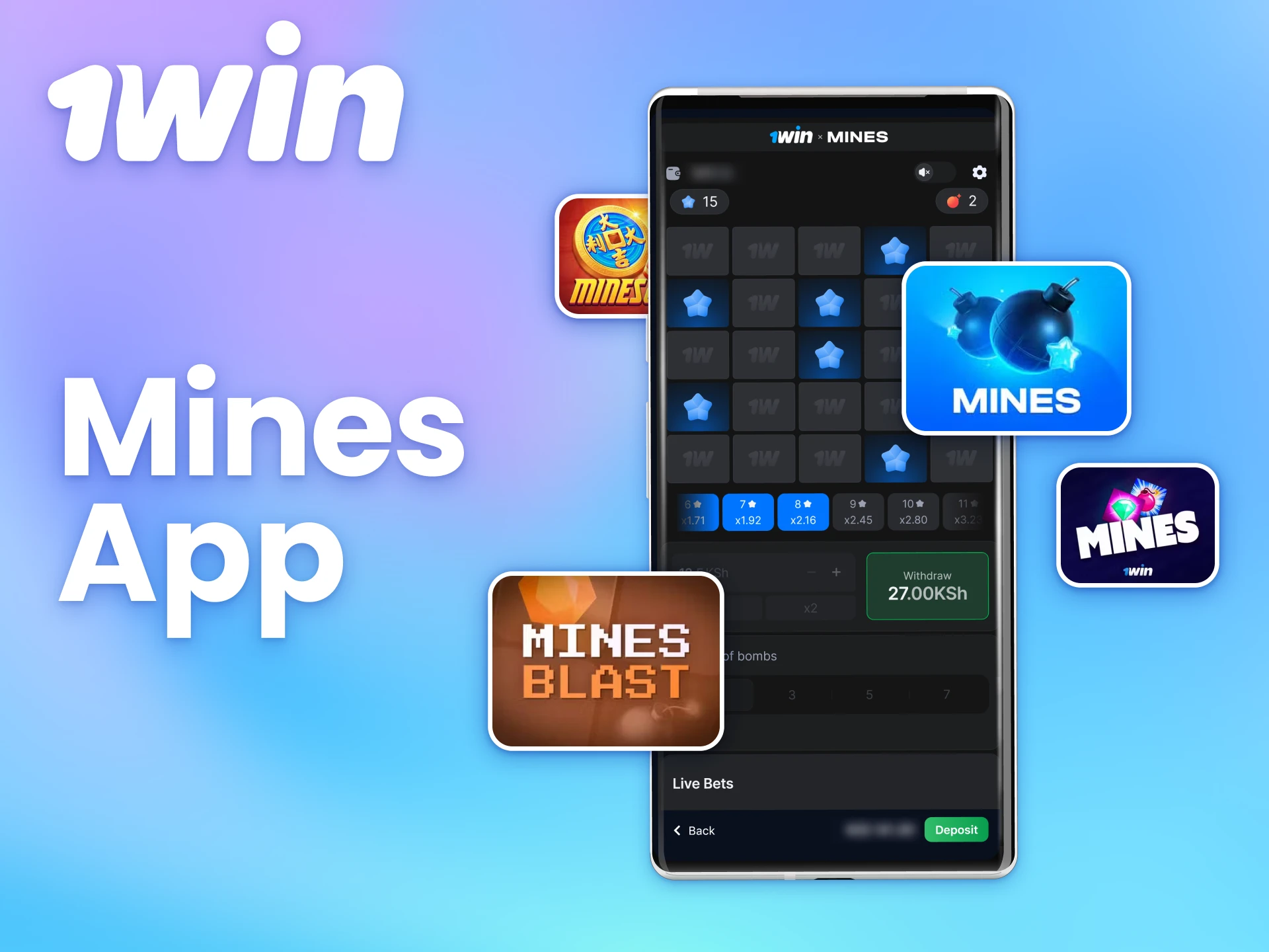 Play Mines on your mobile with the easy-to-use 1win app.