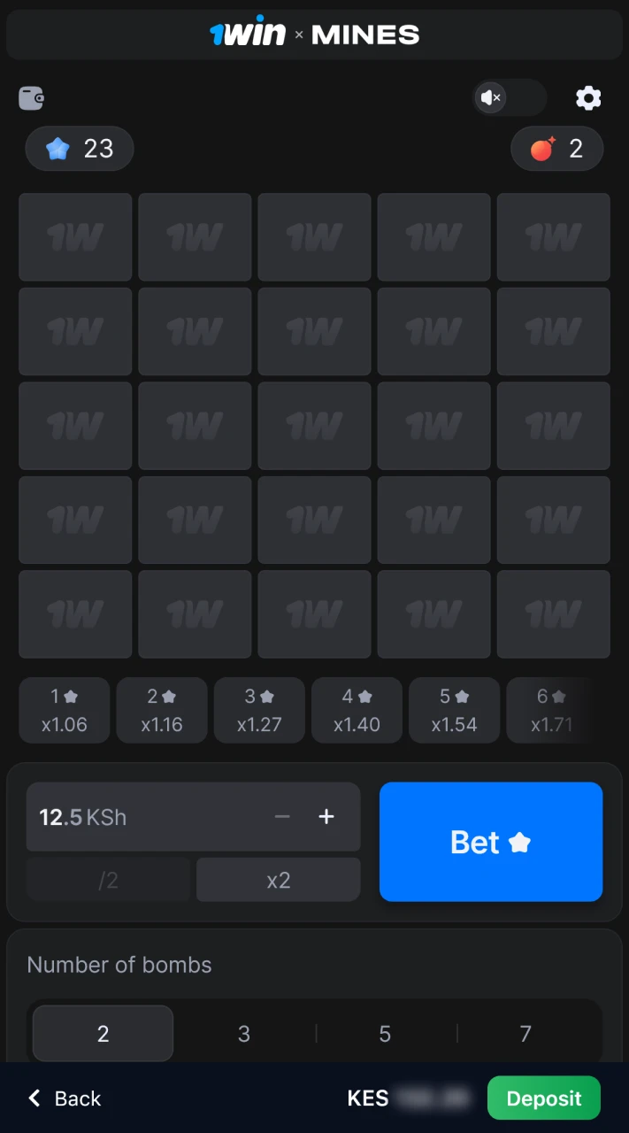 Set the size of your bet at 1win Mines.