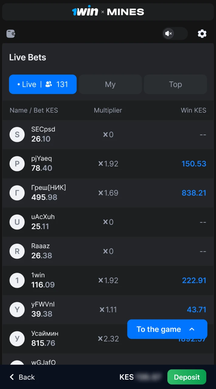 The Mines game at 1win displays real-time betting statistics.