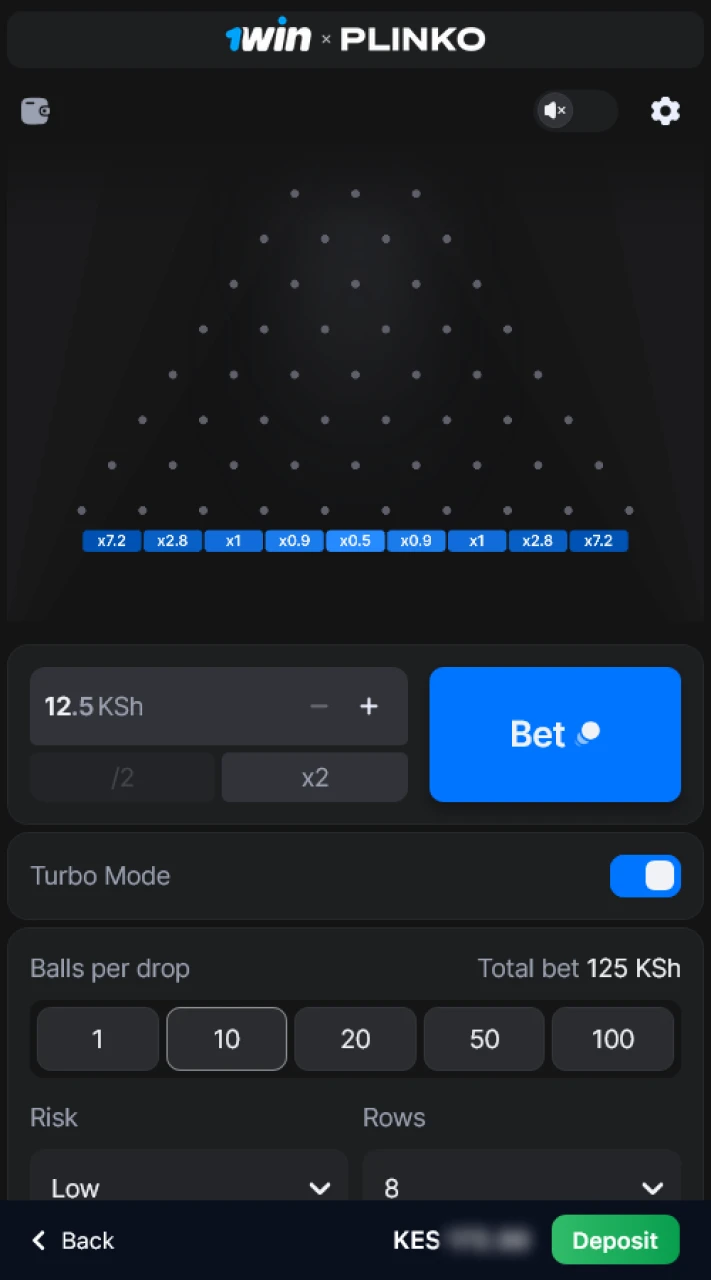 Choose your betting amount for the Plinko game at 1win.