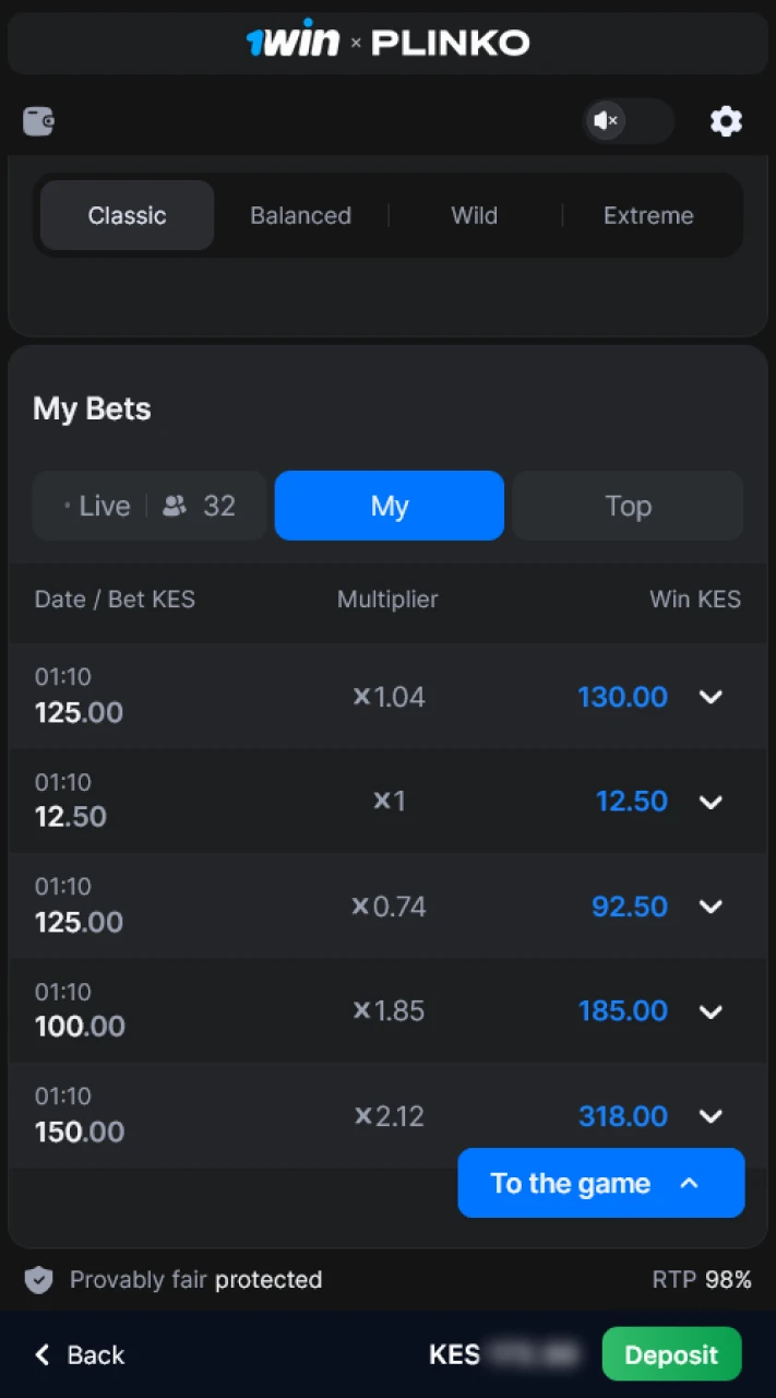 Review your bet history in 1win Plinko game.