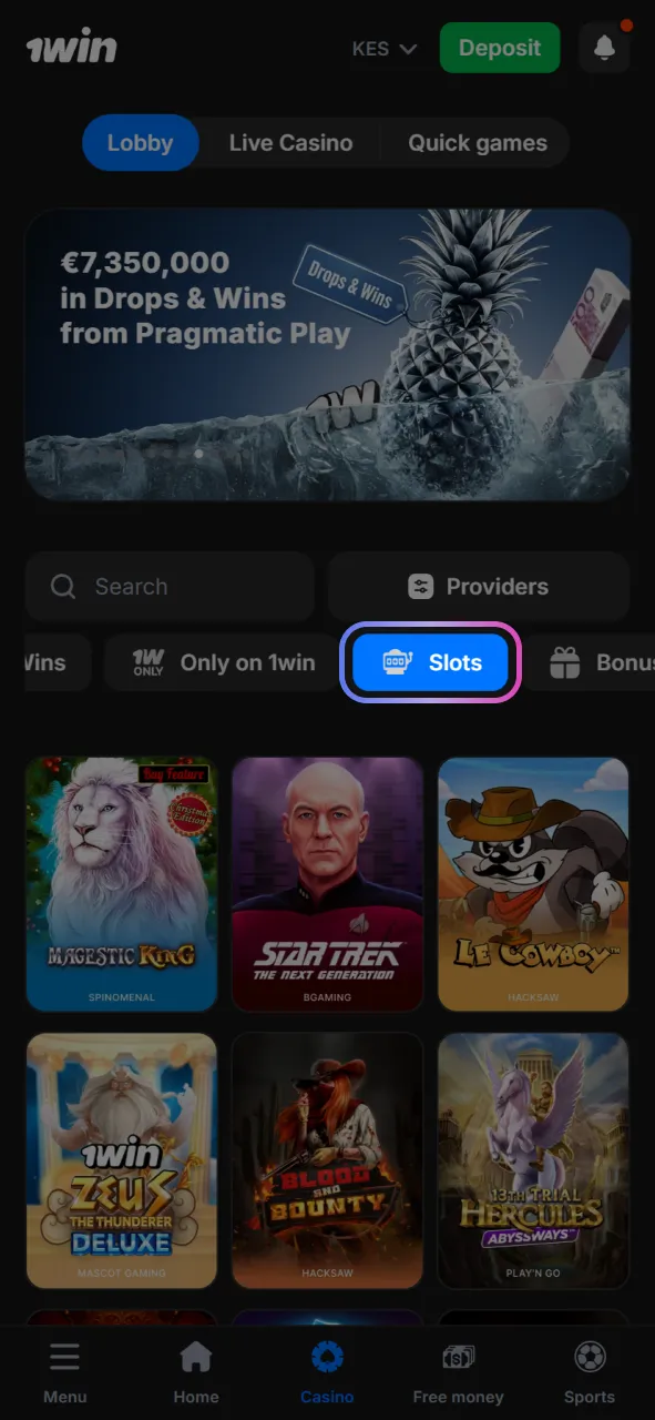 Open the main casino section from the top menu and select the slots category to find your game.