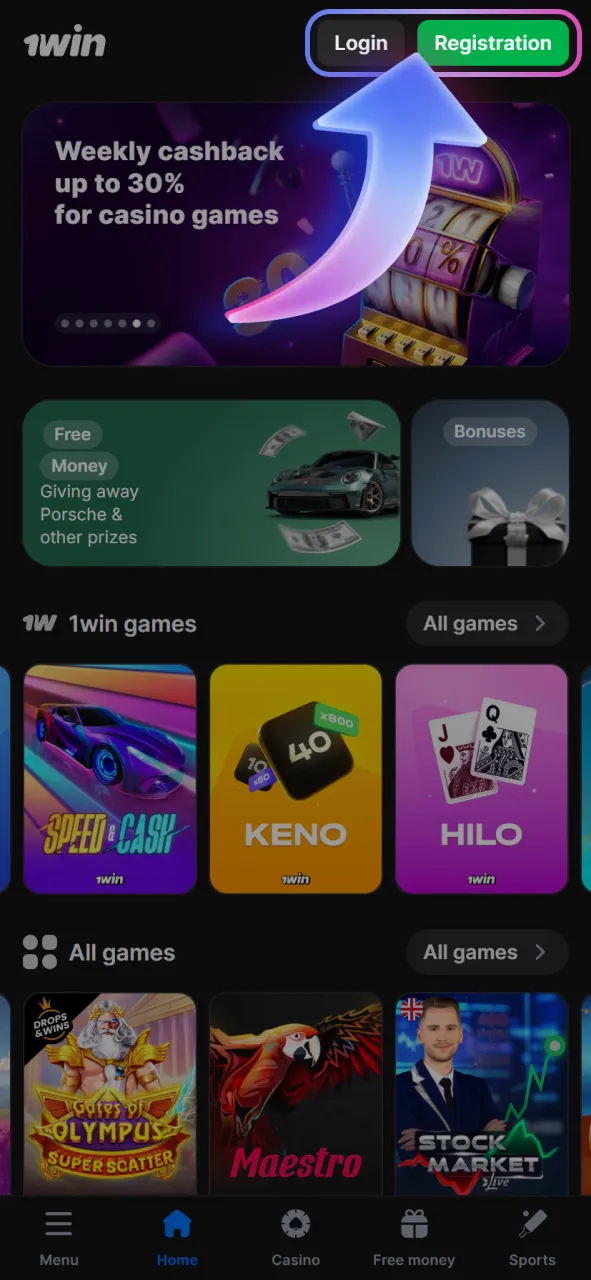 Register or log in to your 1win account using the registration button or the dedicated slot login function.