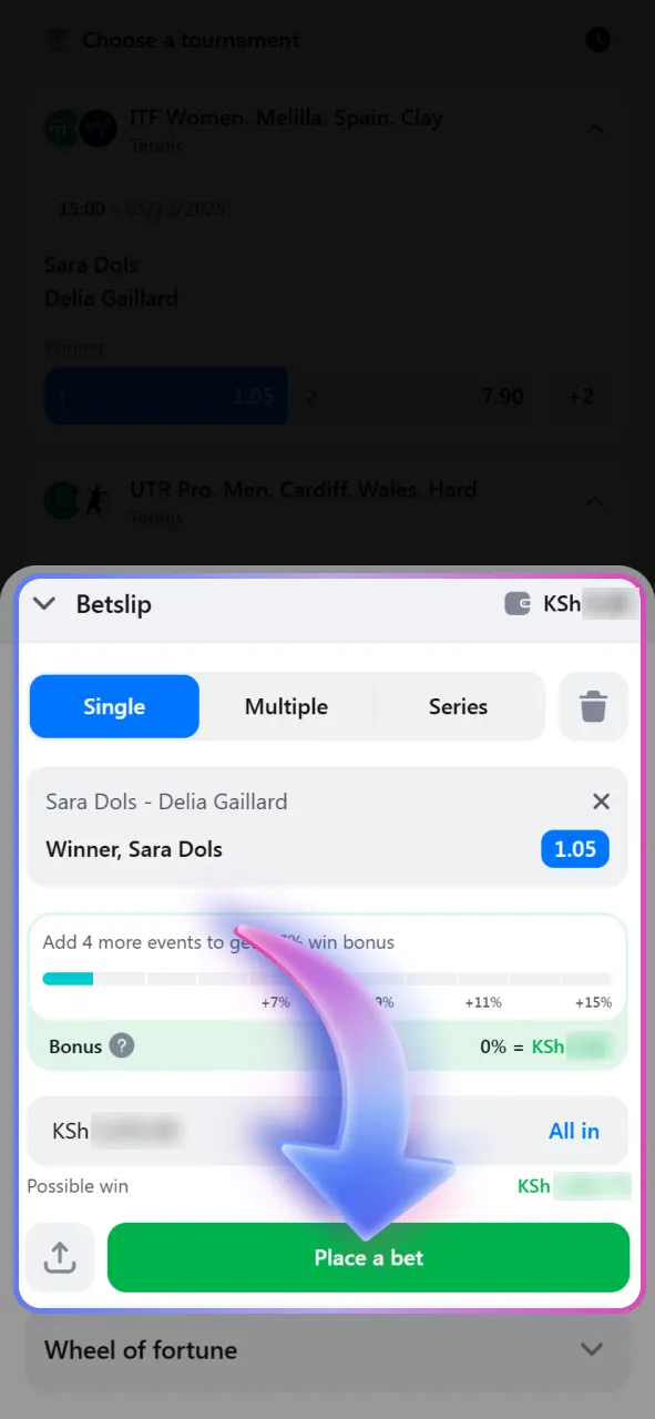Place your tennis bet by selecting the market and odds, entering the amount, and confirming the stake in the bet slip.