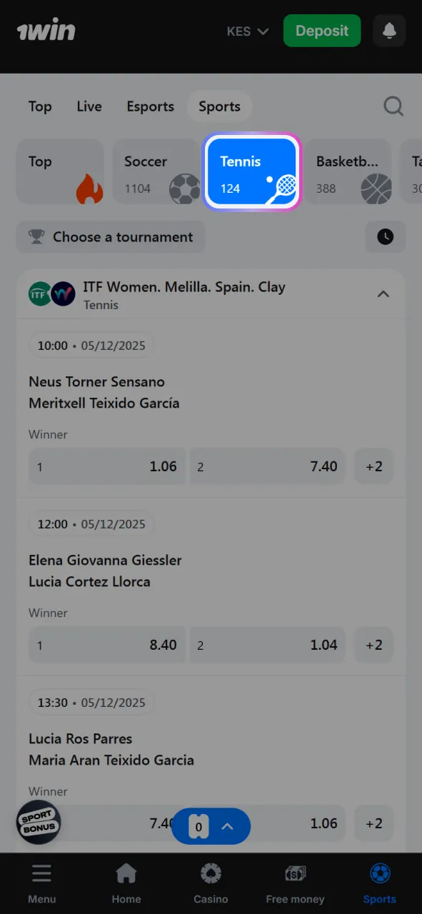 Select tennis from the available list of sports, then pick the specific event you want to place a stake on.