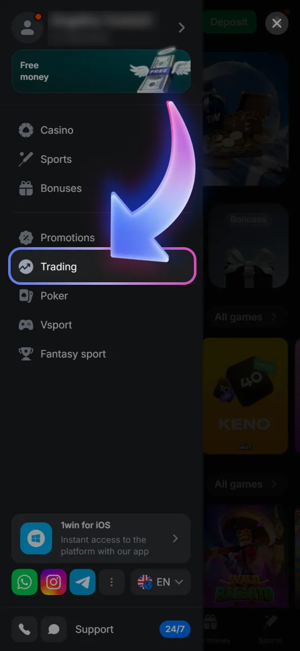 Open the 1win trading platform by scrolling down the left tab and selecting the Trading option.