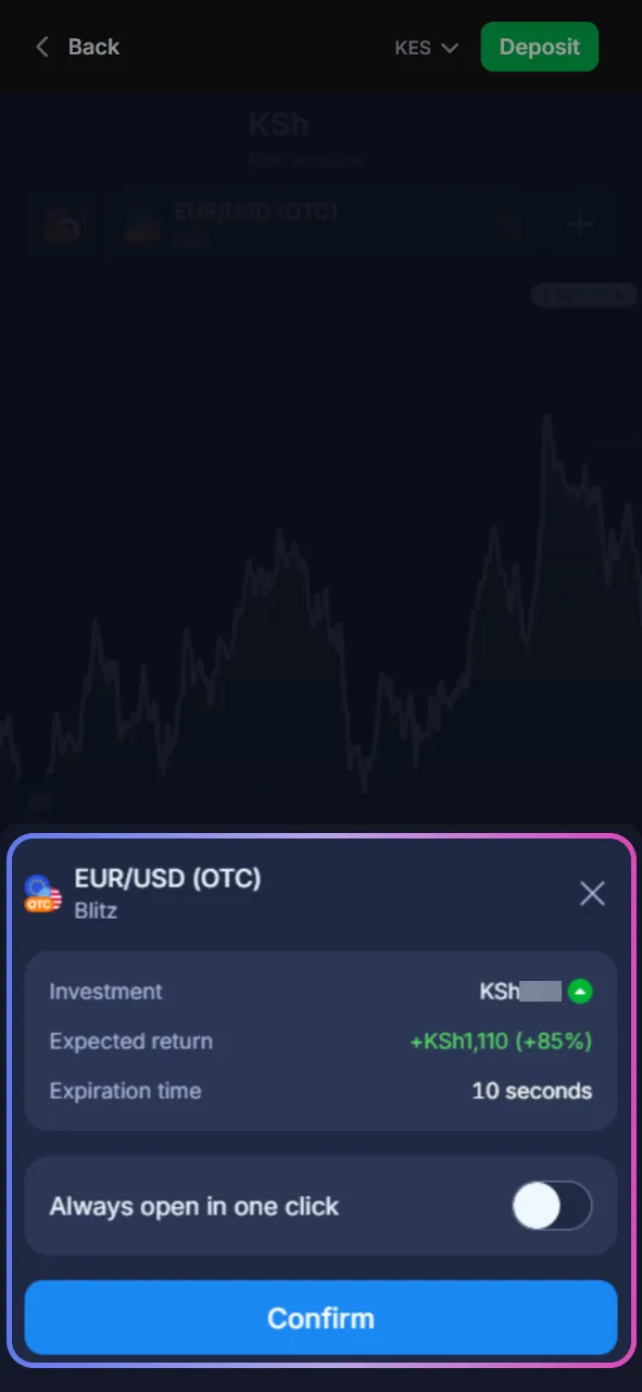 Start trading on 1win by setting the trade amount and expiration, then pressing Higher or Lower to open a deal.