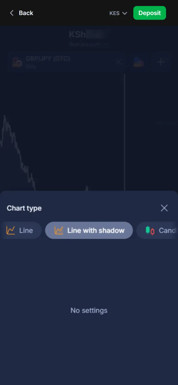 Customize the visualization of price changes by selecting the chart type (candles, bars, or line) on the 1win Trading platform.