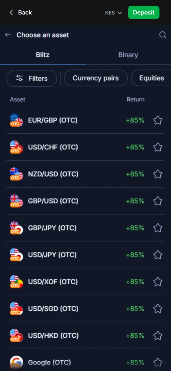 Select from various available assets like EUR/USD or BTC/USD to start trading on the 1win platform.