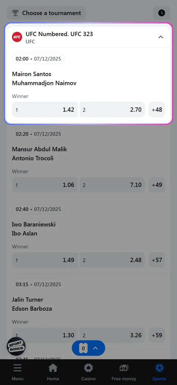 Select the specific UFC match you want to bet on from the available list of events.