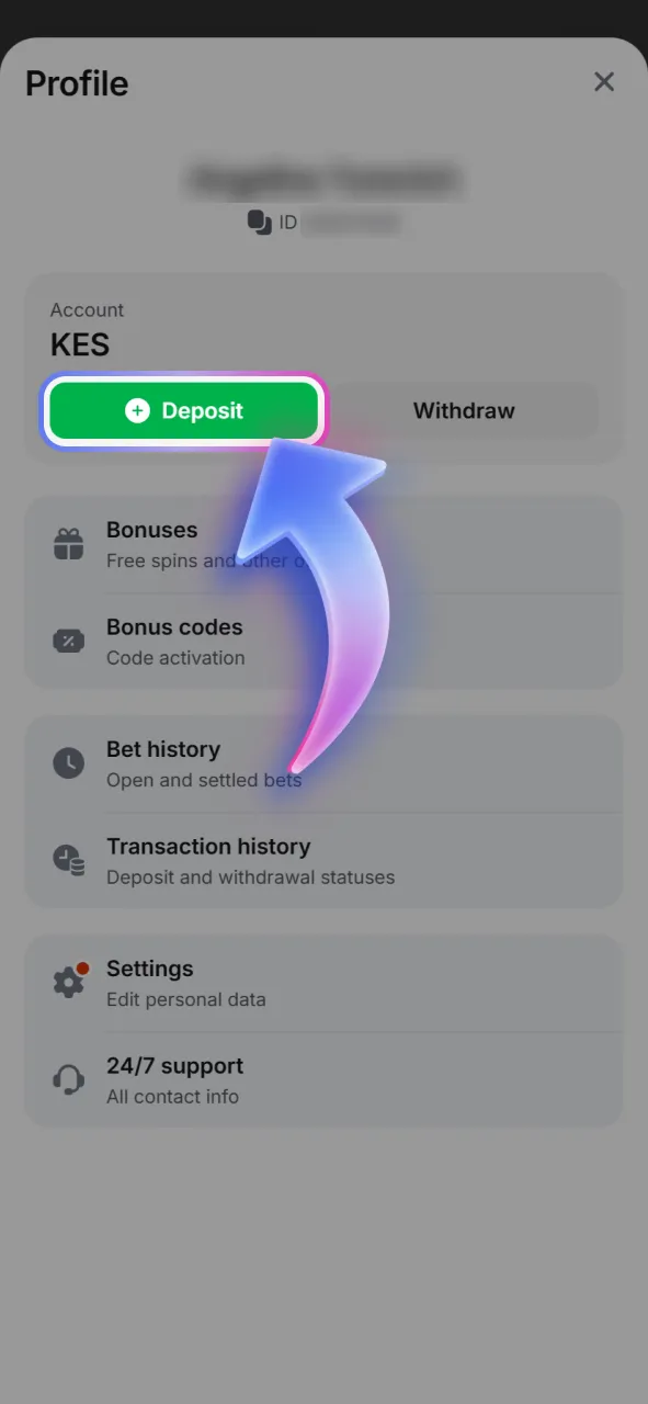 Click the deposit button to top up your balance and fund your 1win account for betting.