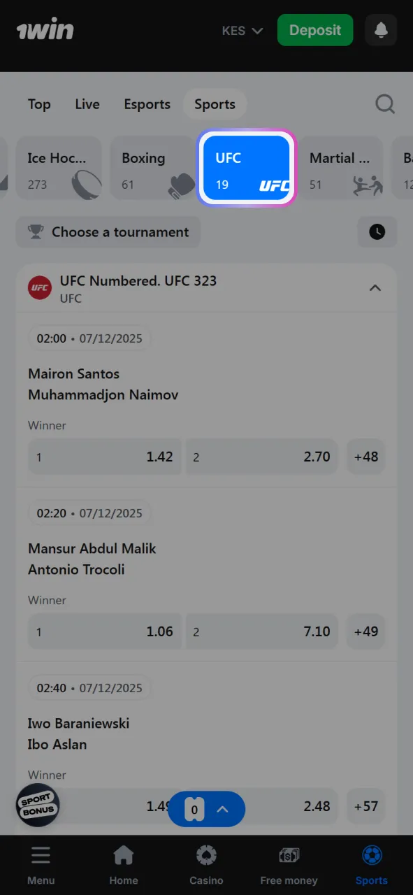 Open the sports section at the top of the 1win website, then find UFC among the types of sport.