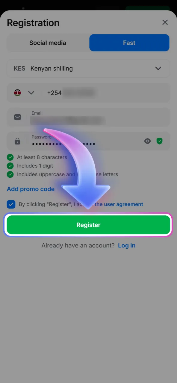 Pass the fast registration process for your 1win account by pressing the registration button.