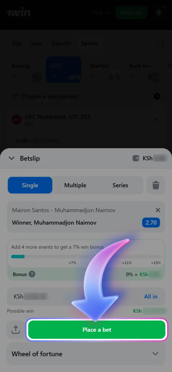Place your UFC bet by selecting the odds, entering the amount, and confirming the stake in the bet slip.