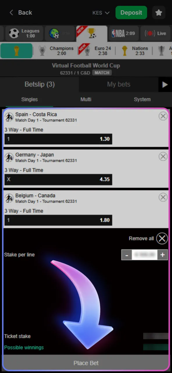 Place your virtual sports bet by selecting the odds, entering the stake amount, and confirming the bet slip.