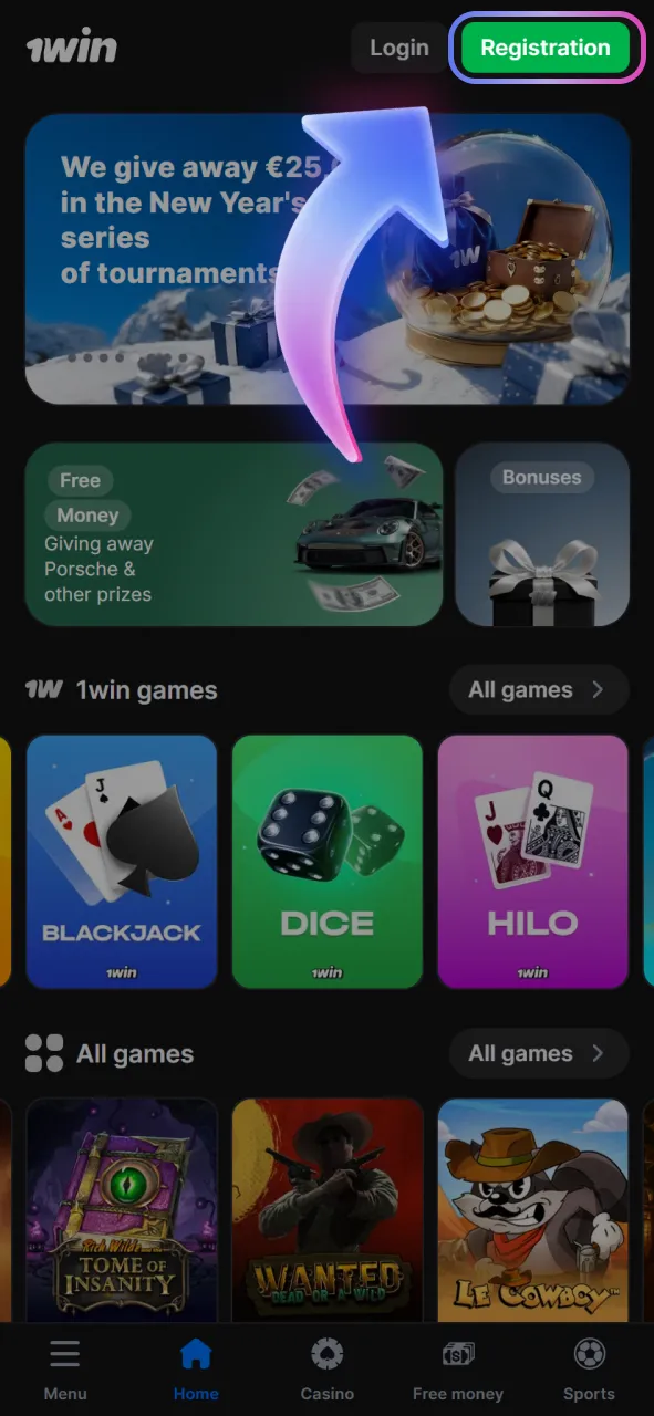 Complete the registration process for your 1win account by clicking the registration button.